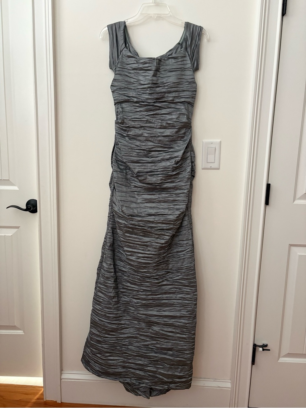 Alex Evenings Gray Ruched Cap-Sleeve Evening Gown